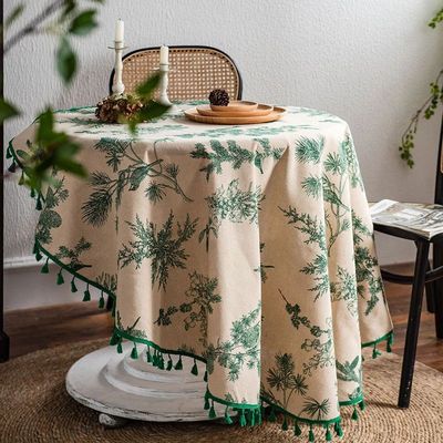 Green Leaves Print Round Tablecloth Cotton Linen Boho Table