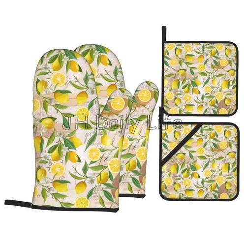Yellow Lemon Oven Mitts and Pot Holders Set of 4 Heat Resist