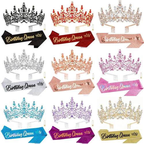 Baroque Rhinestones Birthday  Queen Sash Ribbon Crown Tiara
