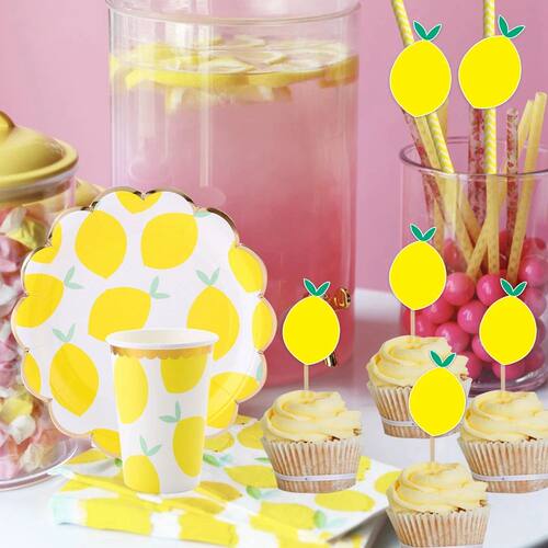 Lemon Disposable Tableware Paper Cups Plates Cake Toppers fo