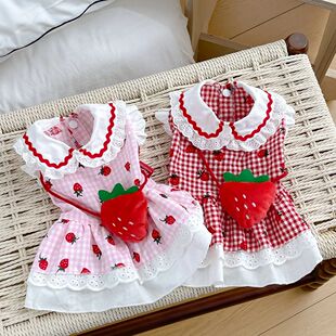 Strawberry Dress For Dogs Summer Spring Cute Plaid Female Gi