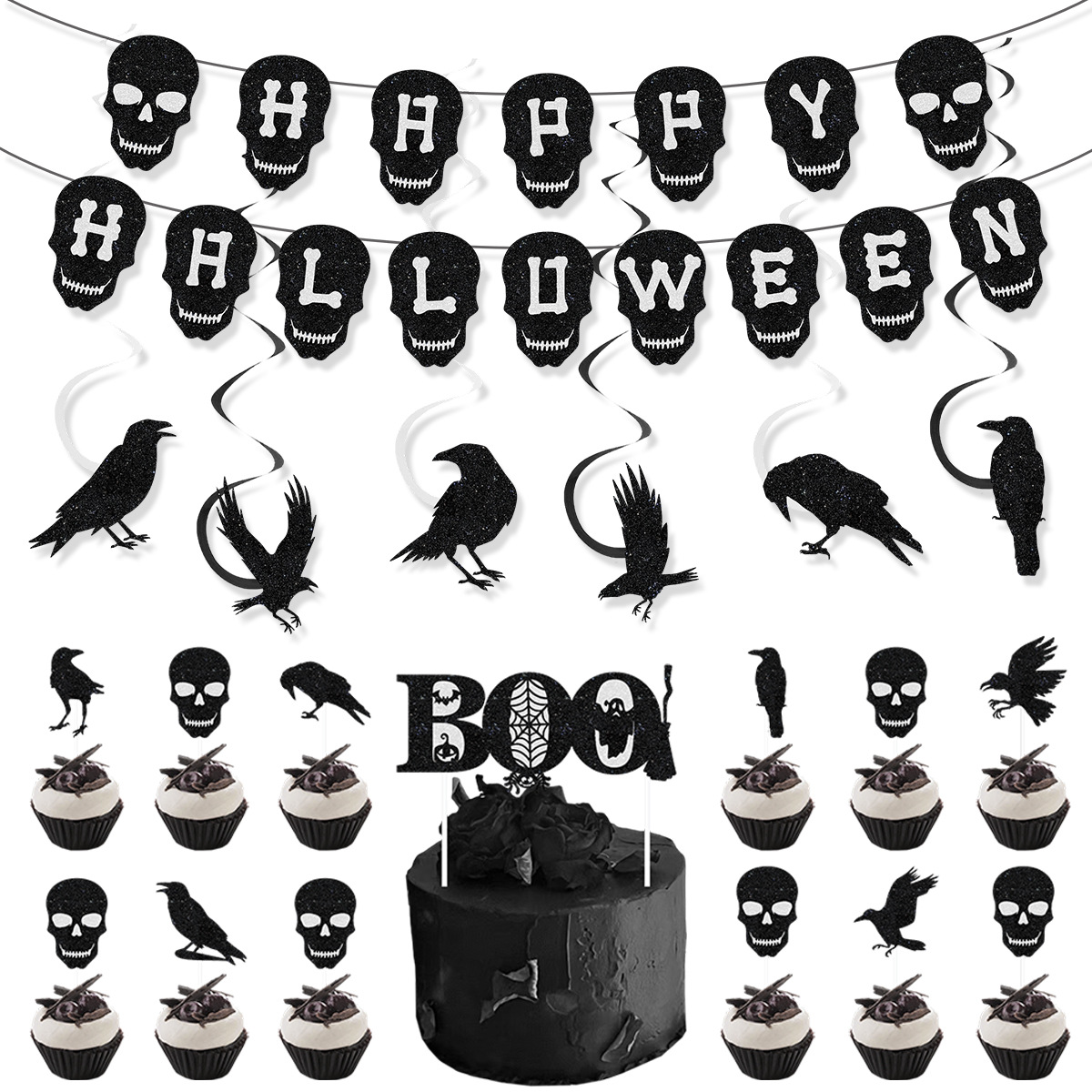 Happy Halloween Skull Flag Banner Spiral Hanging Cake Insert