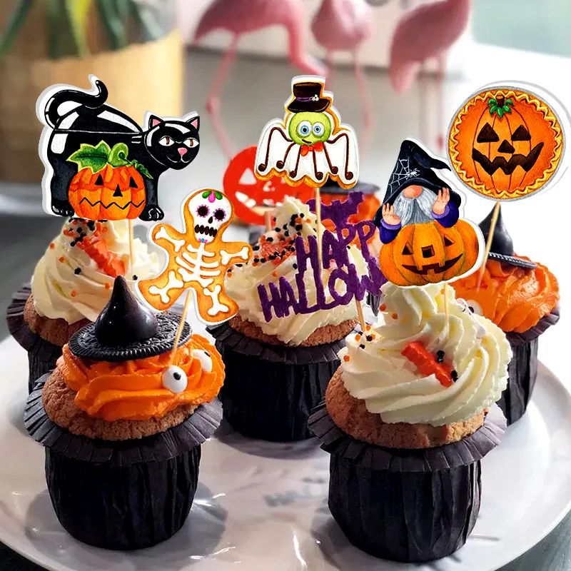 16pcs Halloween Cupcake Toppers Pumpkin Ghost Cake Flags Des
