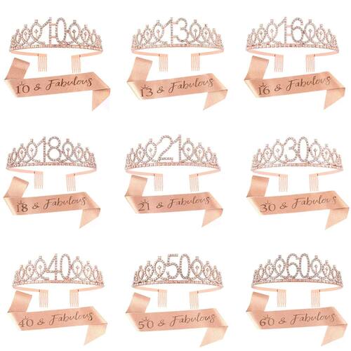 Birthday Tiara Crown and Sash for Women Girls Sweet 13th 16t