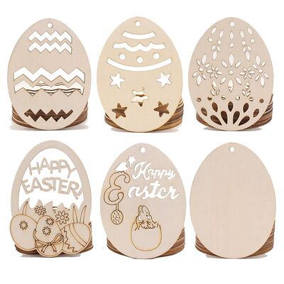 10pcs DIY Wooden Egg Pendants Hollowed Crafts Easter Hanging