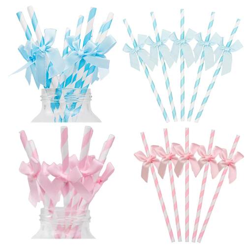 10/20/30/50/100pcs Bow Pattern Pink Blue Drinking Straws Gir