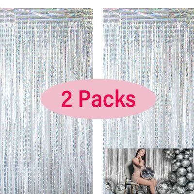 2Pack Foil Curtain Backdrop Silver Metallic Tel Foil Fringe