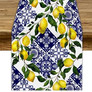 Runner Tile Linen Decor Dresser Blue for Table Lemon Scarf
