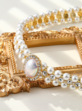 西洋复古马贝珍珠项链耳钉无洞耳夹赫本风优雅旗袍颈链锁骨链套装