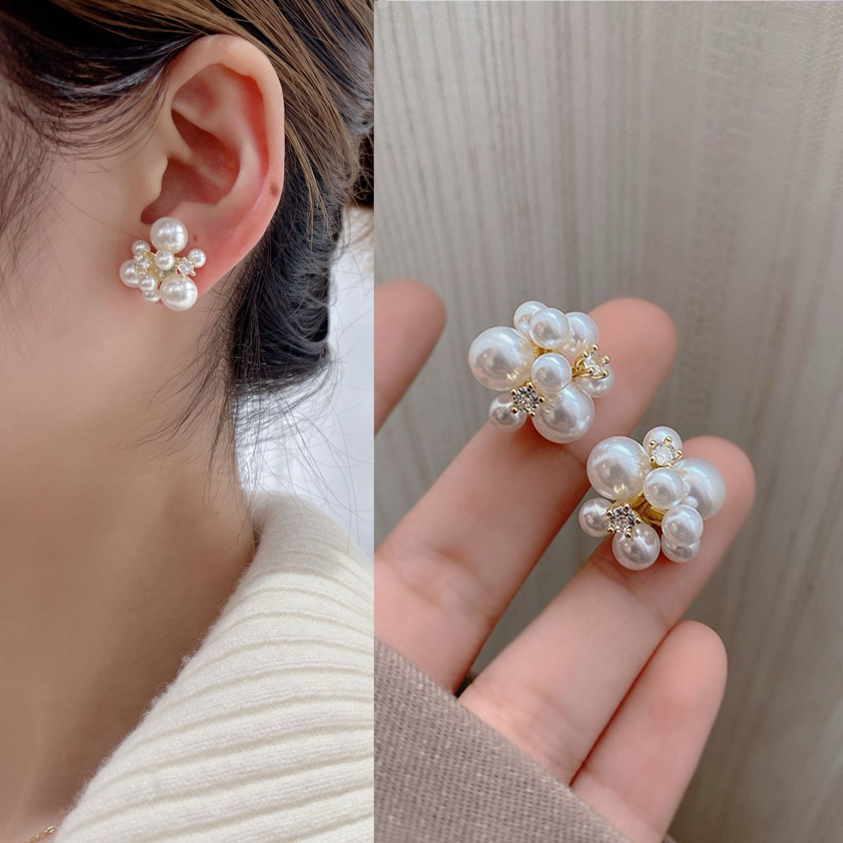 s925银针通勤百搭珍珠花球耳钉法式轻奢耳环优雅耳饰女无耳洞耳夹