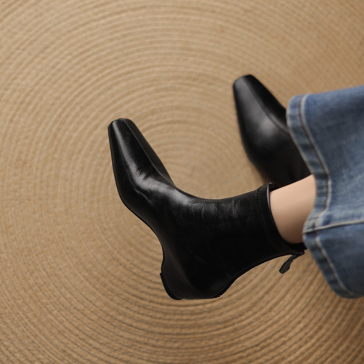 方头内增高橡胶冬季头层猪皮时装靴