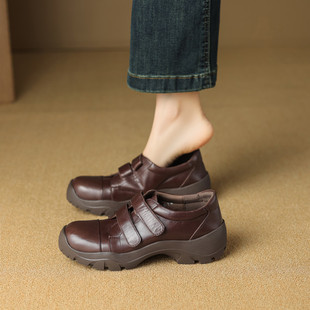 圆头粗跟羊皮头层牛皮2025年冬季 深口单鞋