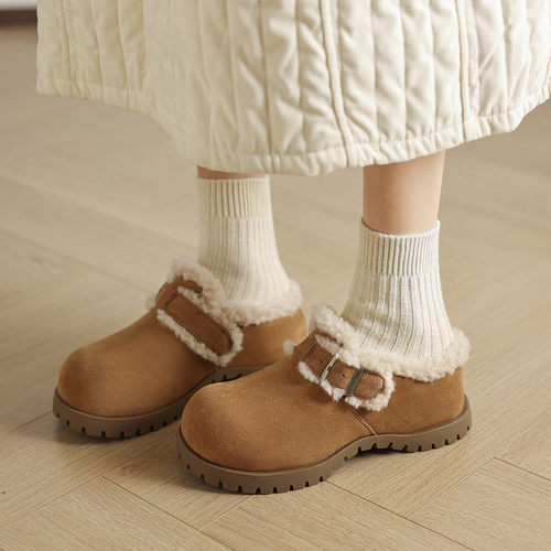 圆头平底橡胶胶粘工艺人造长毛绒深口单鞋