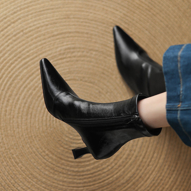 尖头细跟TPR(牛筋）冬季头层猪皮时装靴