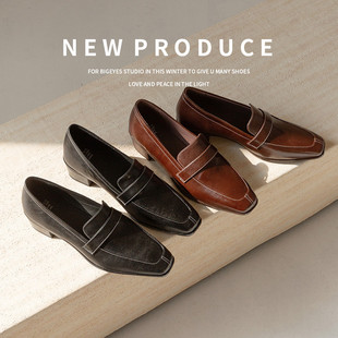 方头粗跟橡胶胶粘工艺头层猪皮乐福鞋（豆豆鞋）