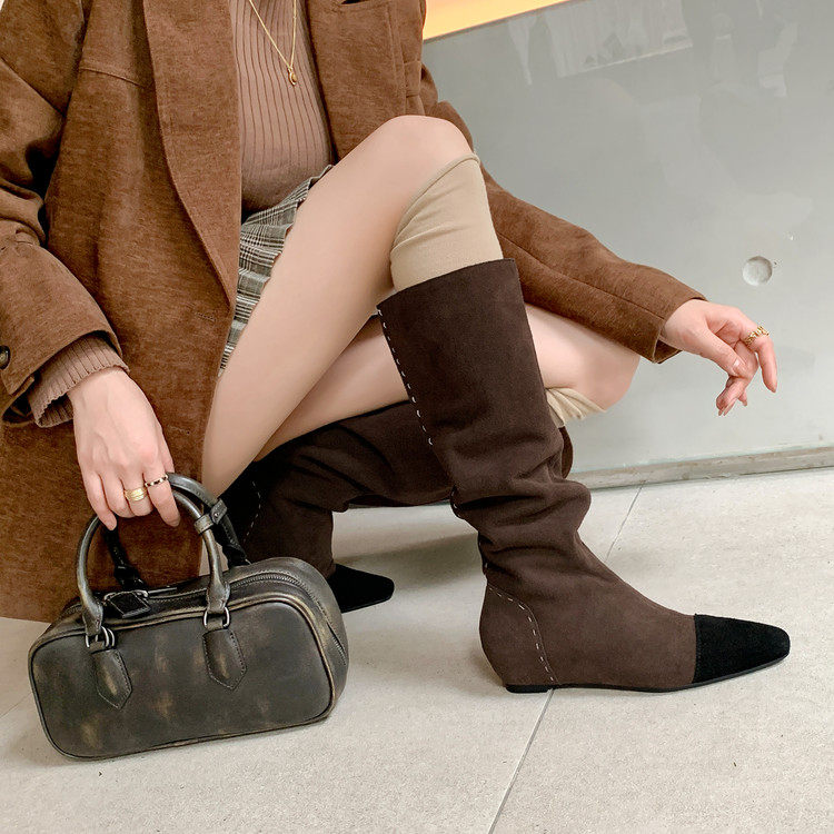 高定牛皮法式拼色翻毛皮小个子不过膝棕色尖头坡跟堆堆高筒长靴女