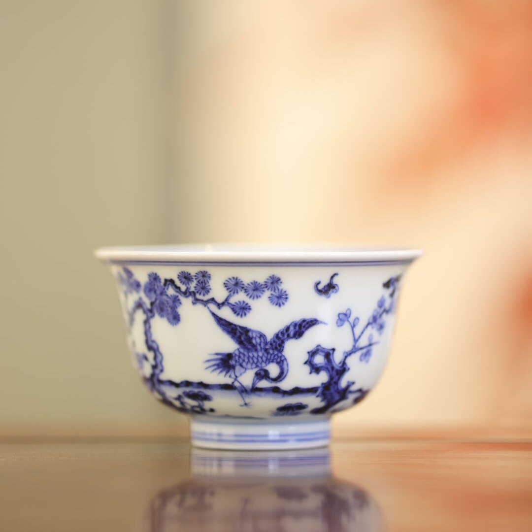 春风祥玉- 青花鹿鹤同春若深杯茶杯