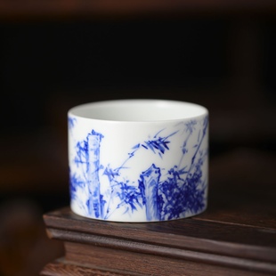 景德镇青花釉下彩竹石图直口杯纯手工主人杯功夫茶具品茗杯 小桥