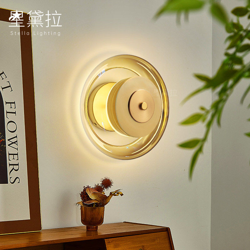 复古工业风艺术玻璃壁灯设计师北欧客厅背景墙床头中古风圆形灯具