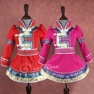 女童蒙古族演出服儿童蒙古袍女孩幼儿园表演服饰蒙古舞蹈服热卖