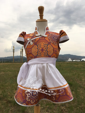 夏季女童蒙古袍短袖薄儿童蒙古族舞蹈演出服半袖日常生活蒙古新品