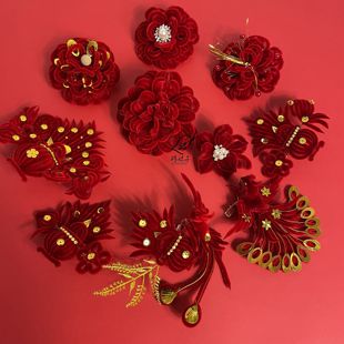 2025新款过年女孩发夹头花红绒花天津妈妈婆婆老人生日聚宝盆头饰