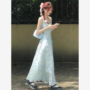 长裙子 法式 甜美蓝色碎花吊带连衣裙女夏季 新款 小个子收腰显瘦无袖