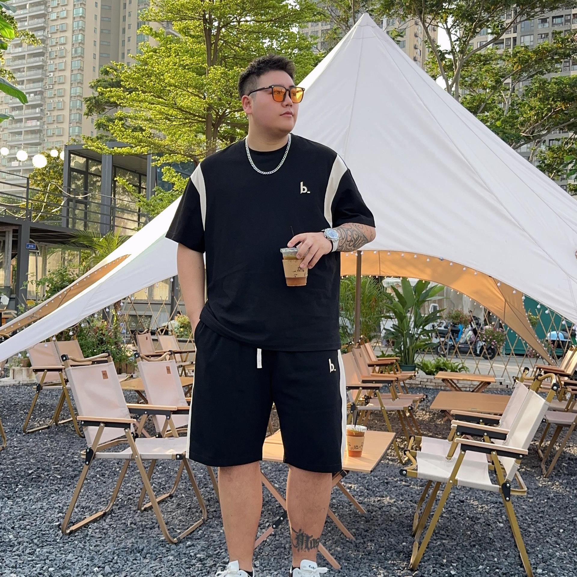 夏季胖子短袖t恤套装男宽松加肥加大码半袖短裤休闲运动服两件套