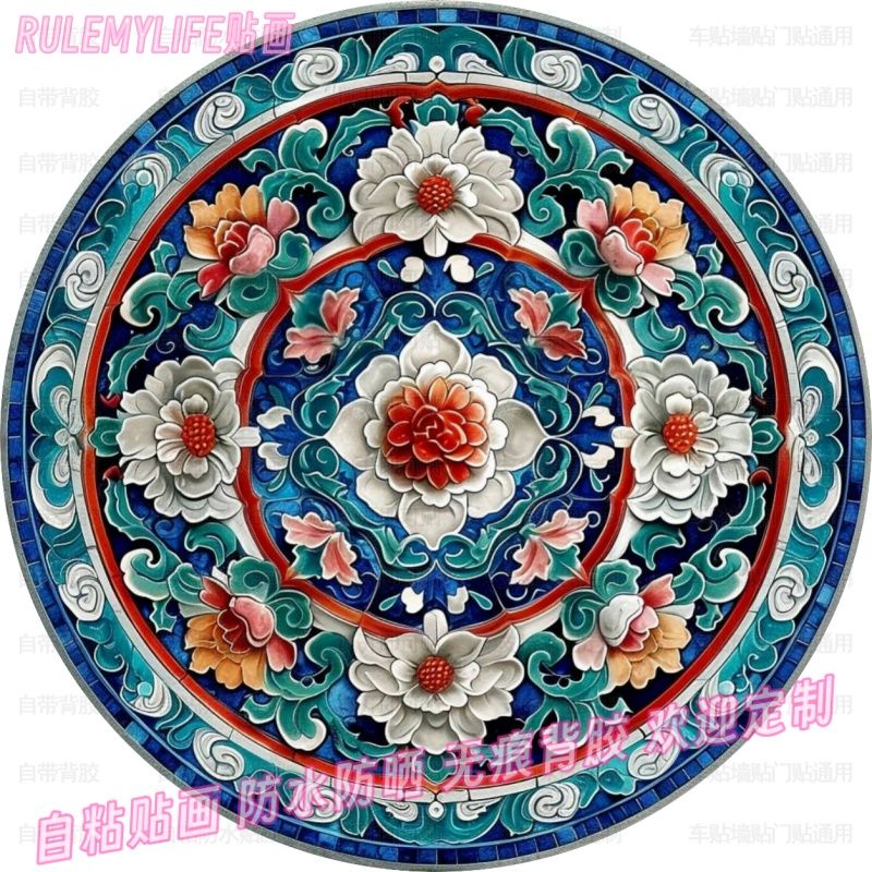青花祥纹藏式民族复古贴纸自贴画柜门墙上桌面手工贴花遮丑装饰画图片