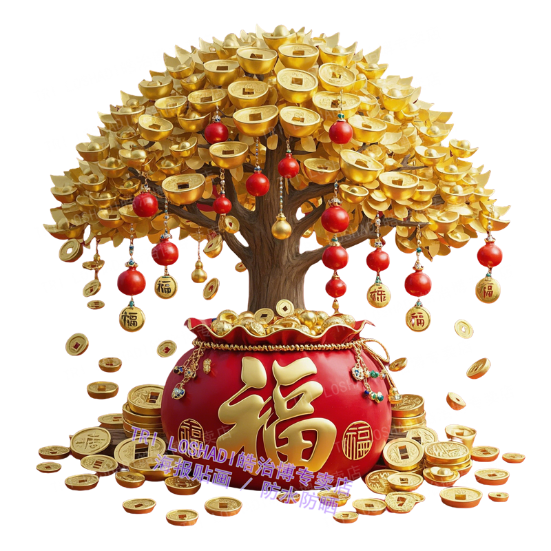 福气满满聚财摇钱树贴墙画喜庆创意家用墙贴门贴冰箱贴纸装饰贴画图片