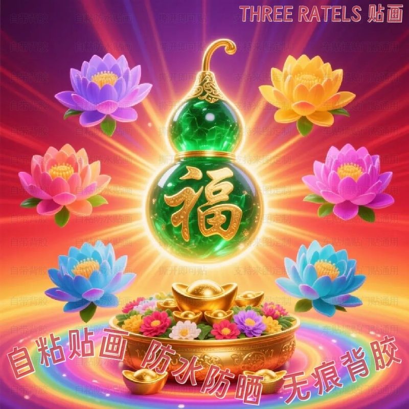 彩色莲花牡丹葫芦福字贴纸自贴画柜门餐厅贴墙佛系吉祥平安装饰画图片