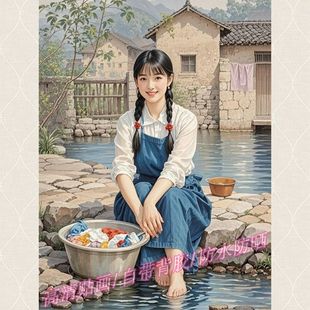 饰画壁纸河边风景图自贴纸怀旧时光贴墙海报 乡村纯真美少女贴画装