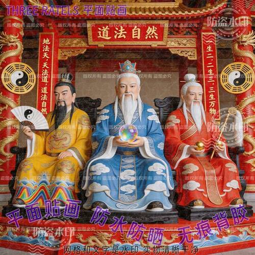 道家三清祖师自粘墙贴纸保家安宅