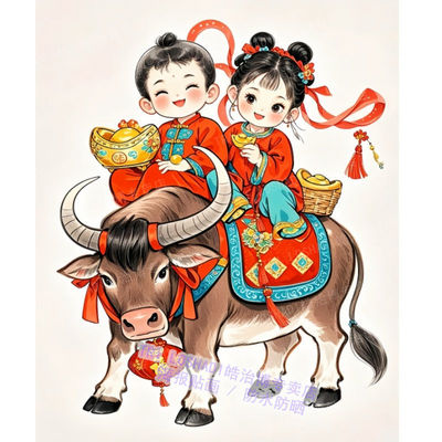 古风牛转乾坤福娃骑牛贴画金童玉