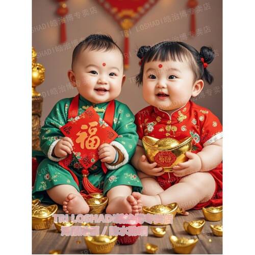 金童玉女龙凤胎宝宝贴画家用备孕生子墙贴门贴招财进宝创意自贴纸
