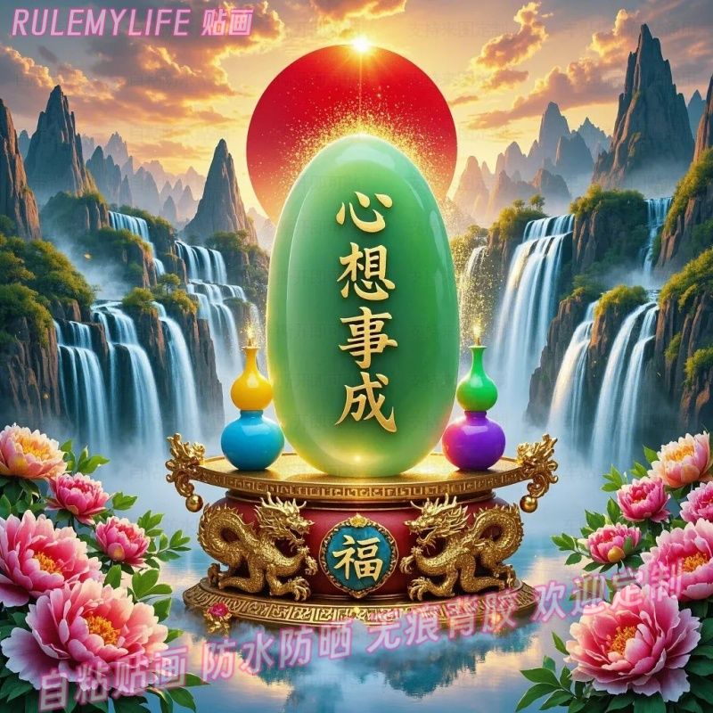 心想事成来财葫芦贴纸年画山水能量餐厅自贴墙装饰画新年贴画