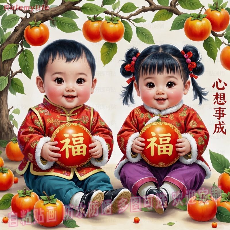 年画娃娃送福心想事成海报自粘贴