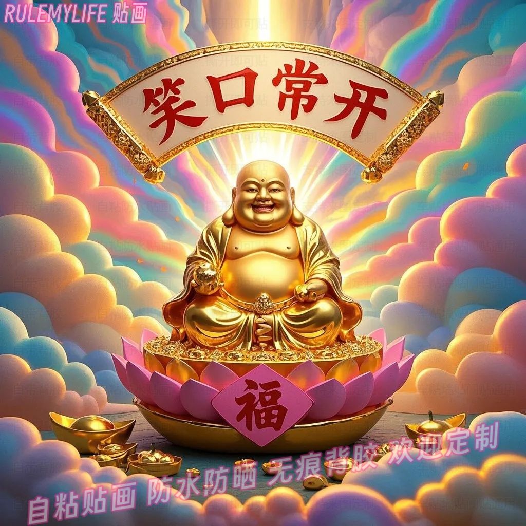 笑口常开弥勒佛图案贴纸花纸百年福年画墙上美化贴画自贴装饰画报