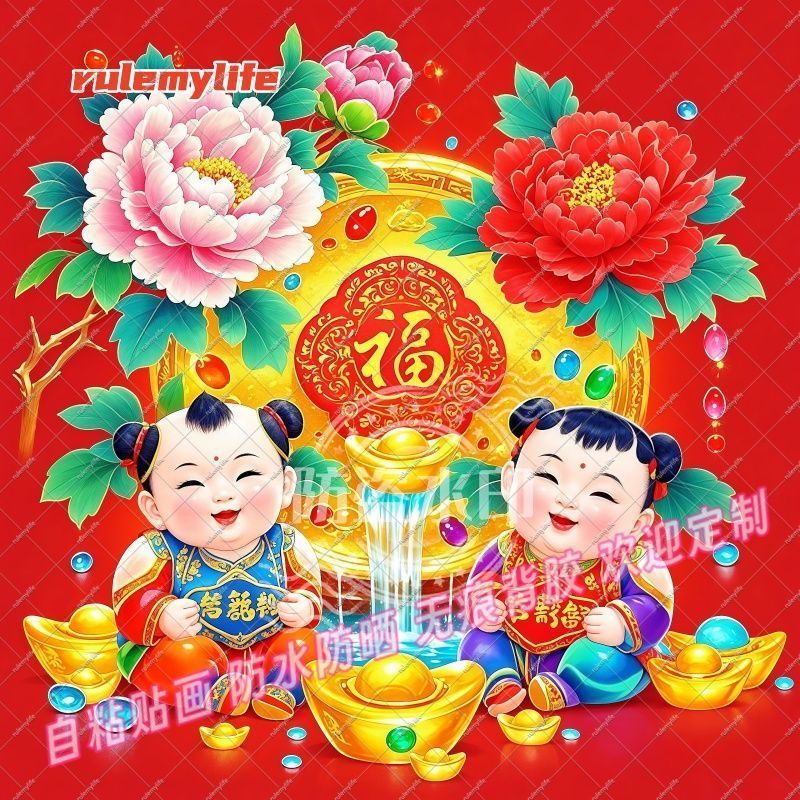 招财童子福娃贴纸牡丹富贵花开贴画家居生财客厅自贴新款门贴装饰图片