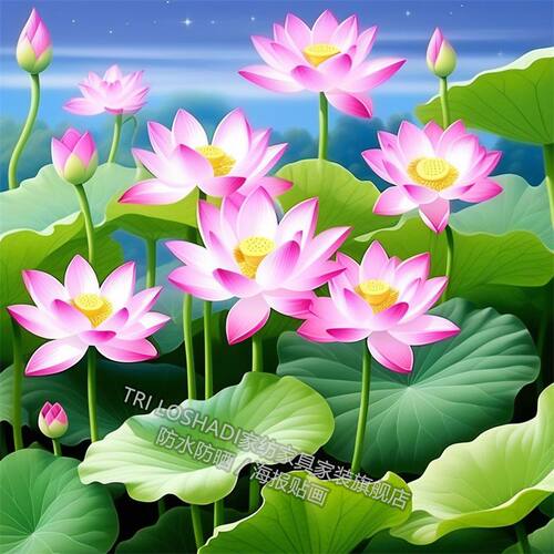 中国风莲花图案净秽荷花图山水艺术贴画卫生间客厅餐厅装饰墙贴纸