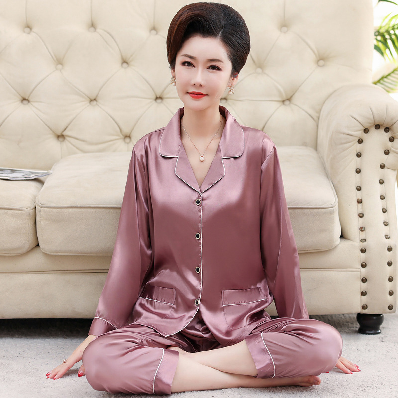 春夏季丝绸女士睡衣开衫纯色长袖休闲舒适冰丝家居服奢华套装