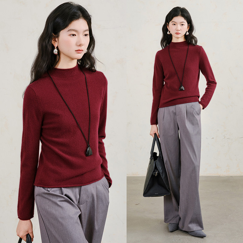 思诺芙德半高领卷边山羊绒衫女25秋冬新款针织打底衫新年红色毛衣,女装/女士精品,羊绒衫,淘宝优惠券,粉丝福利购,淘宝优惠卷
