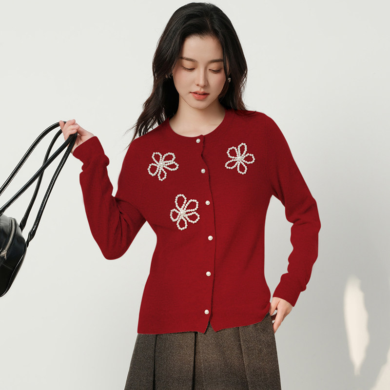 思诺芙德圆领花朵女100%山羊绒开衫秋冬新款通勤毛衣红色针织外套,女装/女士精品,羊绒衫,淘宝优惠券,粉丝福利购,淘宝优惠卷