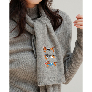 思诺芙德卡通可爱刺绣小狗山羊绒围巾女25秋冬新款保暖针织围脖