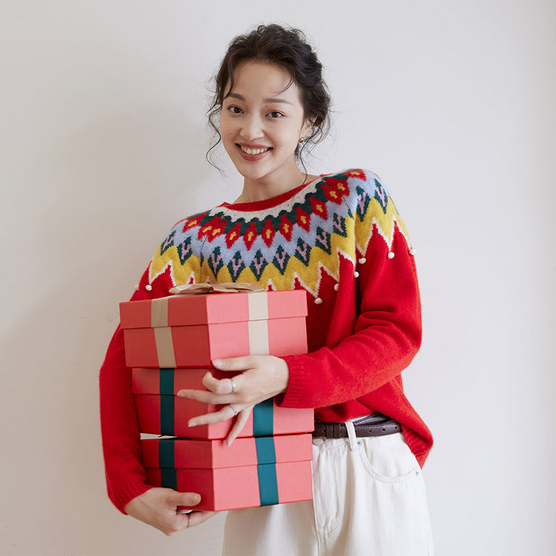 思诺芙德圆领圣诞红色羊绒衫女