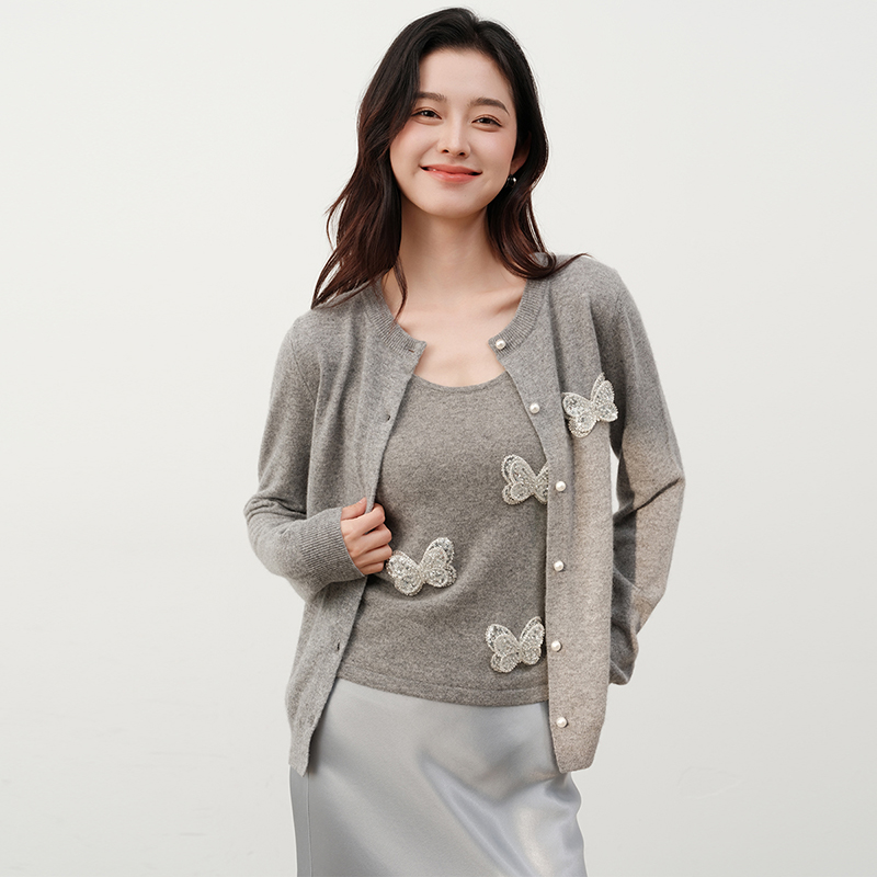 思诺芙德圆领蝴蝶100%山羊绒开衫