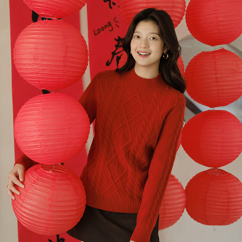 思诺芙德半高领绞花羊绒衫女25秋冬新款新年红色针织衫厚毛衣,女装/女士精品,羊绒衫,淘宝优惠券,粉丝福利购,淘宝优惠卷