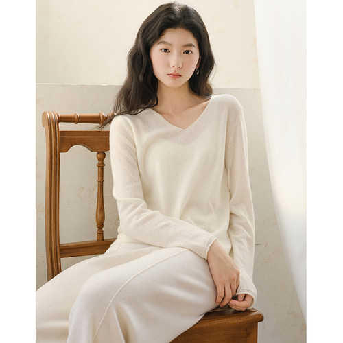 思诺芙德V领100%山羊绒衫