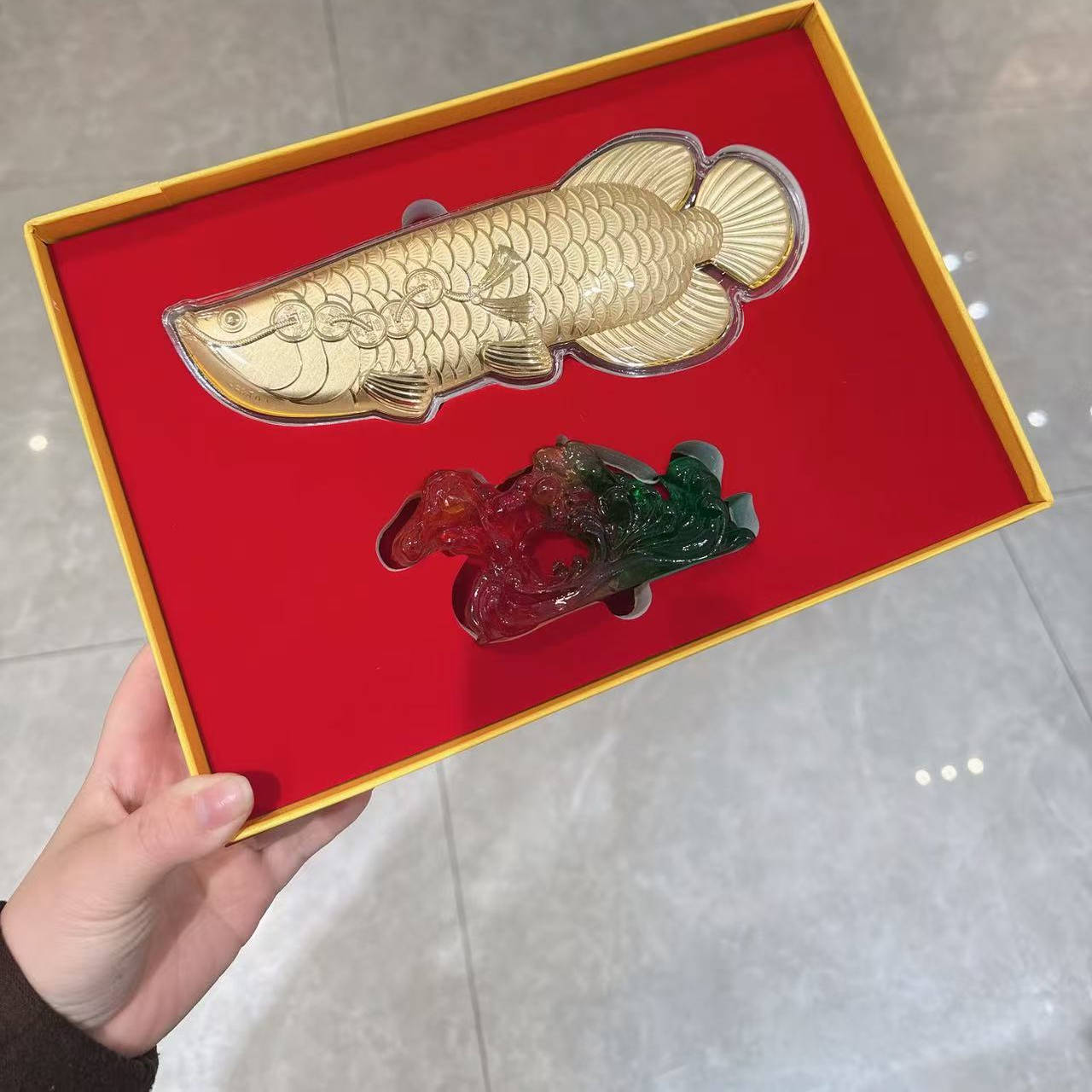 水贝足金金龙鱼摆件礼盒配玻璃高档底座包装盒开业礼品送长辈领导