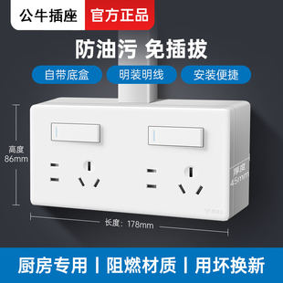 公牛二开十孔开关控插座面板双一开五孔厨房一键断电暗装送明装盒
